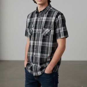 ALFANI Casual Button Up Plaid Shirt, Men’s M, Black Gray